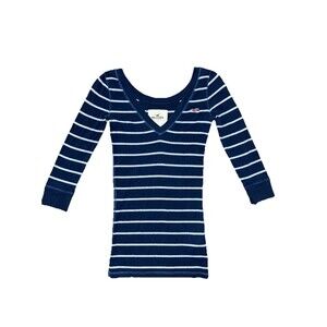 Y2K Hollister Navy Gray Stripe V Neck Long Line Top XS Bella Swan Mallcore